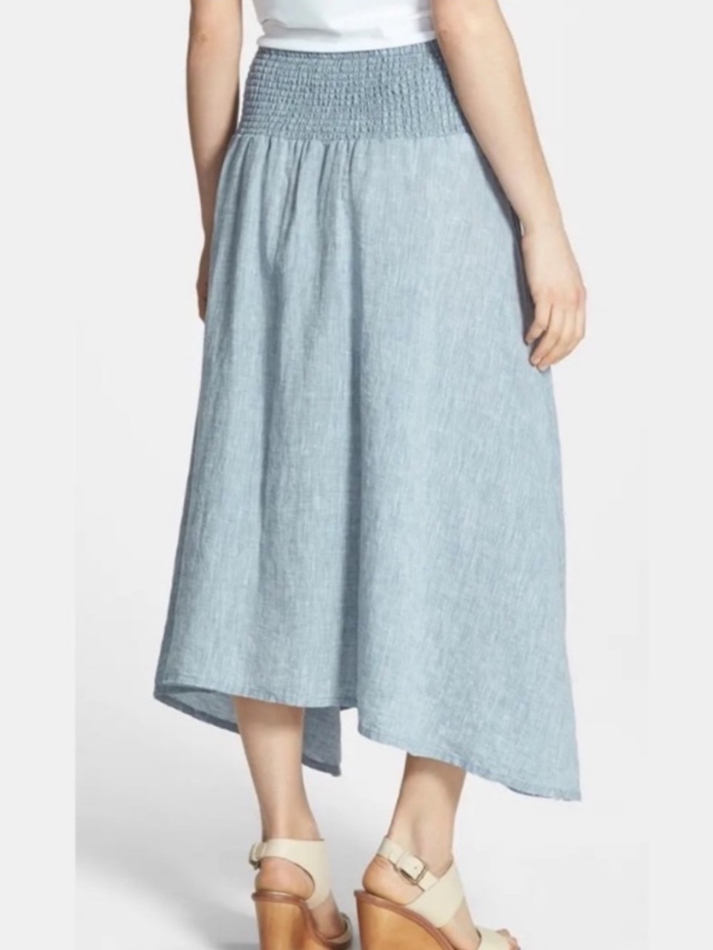 Eileen Fisher Organic Linen Smocked A-Line Skirt Handkerchief Hem Medium Pockets - Picture 10 of 16